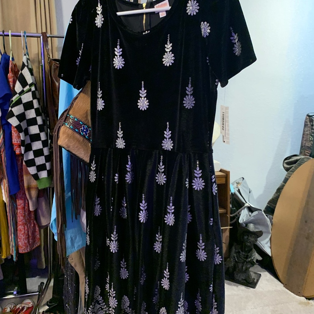 LuLaRoe Black Dress with Sparkly Floral Pattern